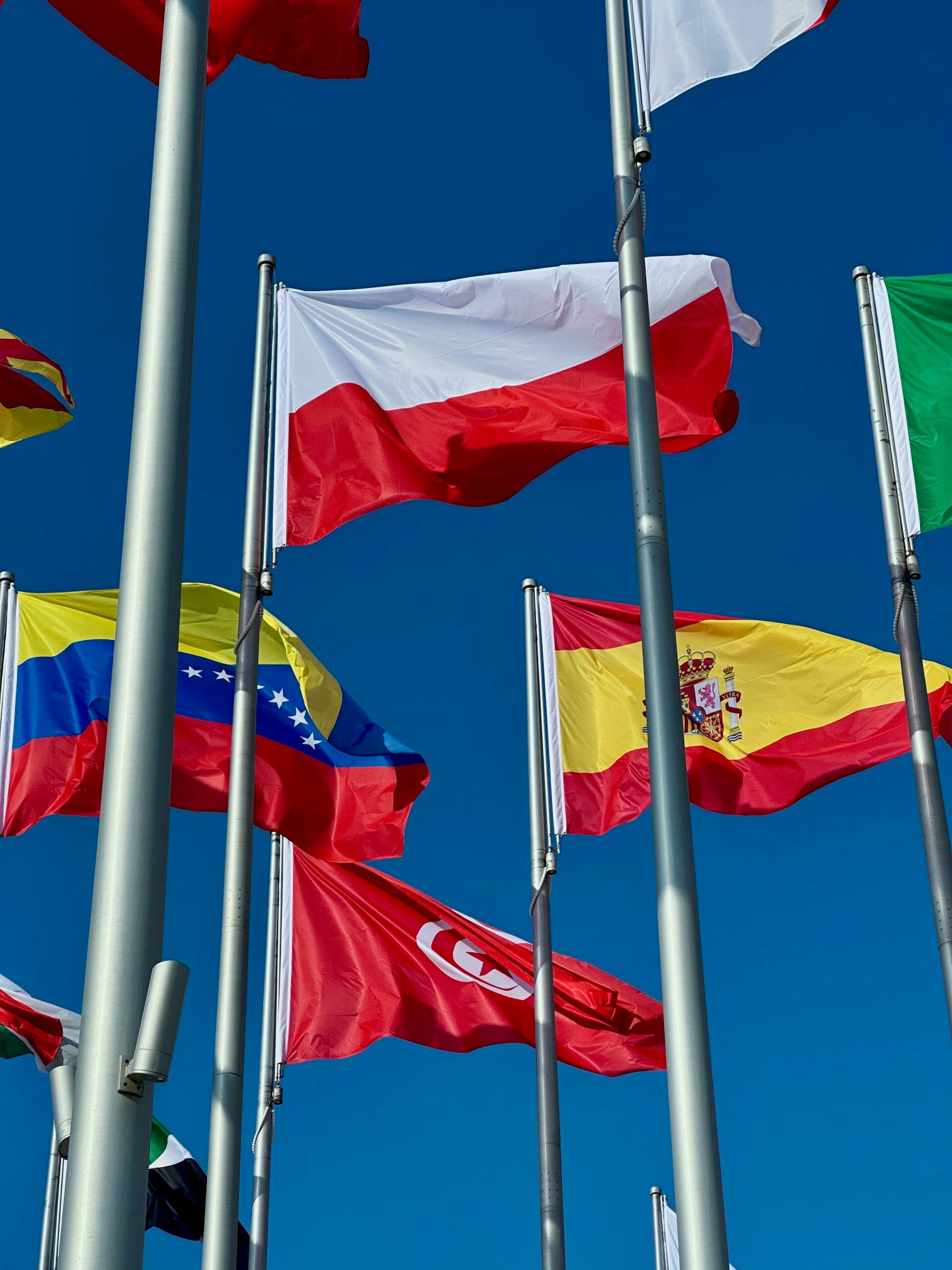 Plac flagowy doha flag plaza w dosze z wieloma powiewającymi flagami na tle błękitnego nieba