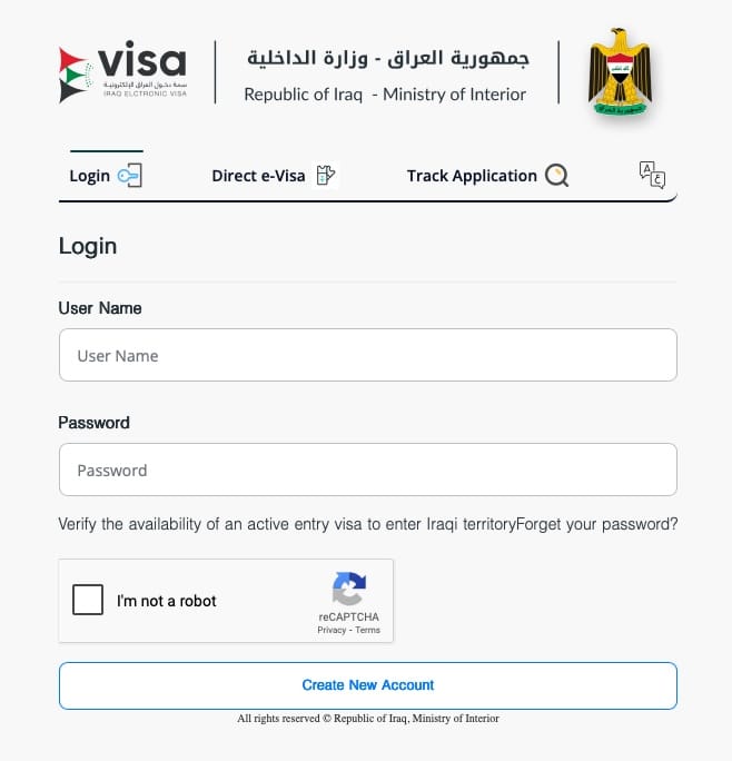 Strona logowania do portalu e-wizy iraku z polami nazwy użytkownika i hasła oraz recaptcha