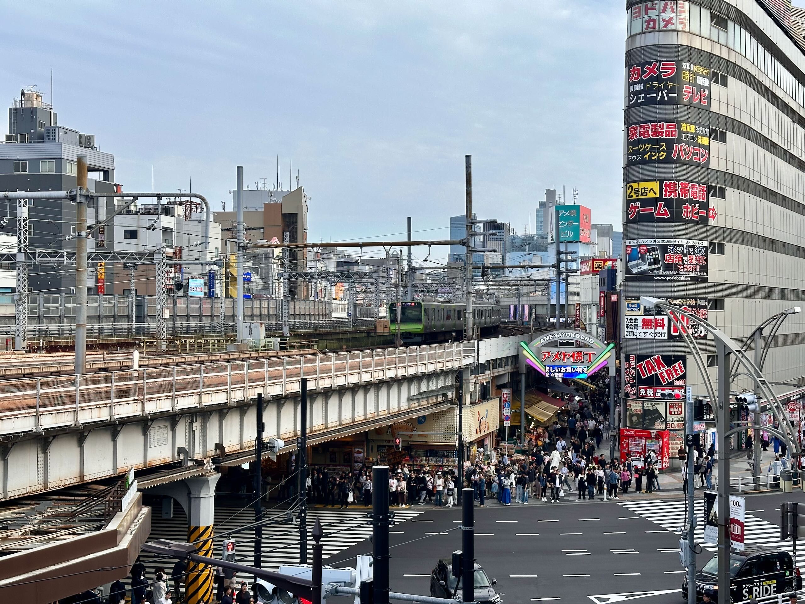 Wejście do ameyoko market w tokio z tłumem i przejeżdżającym pociągiem nad ulicą