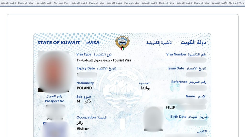 Portal e-wizy kuwejtu z widokiem elektronicznej wizy turystycznej.