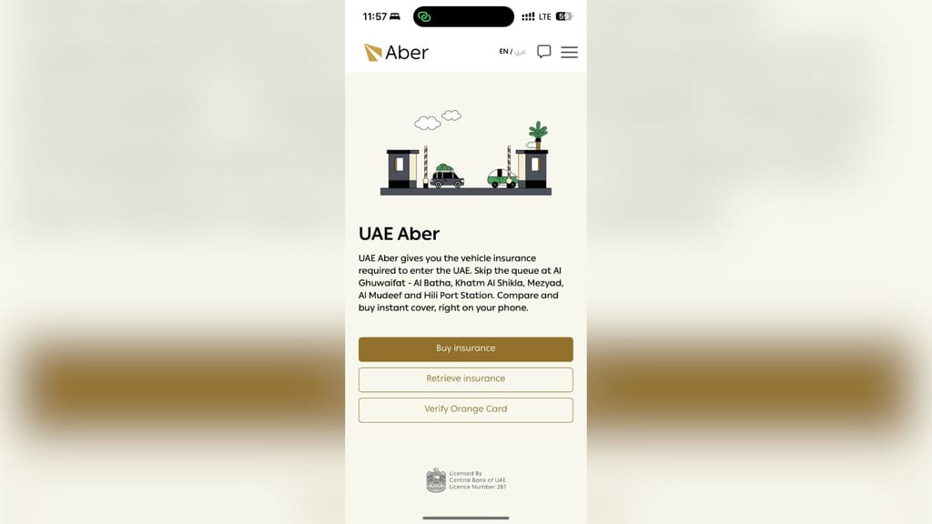 Ekran mobilnej strony uae aber z ofertą ubezpieczenia pojazdu i przyciskiem buy insurance