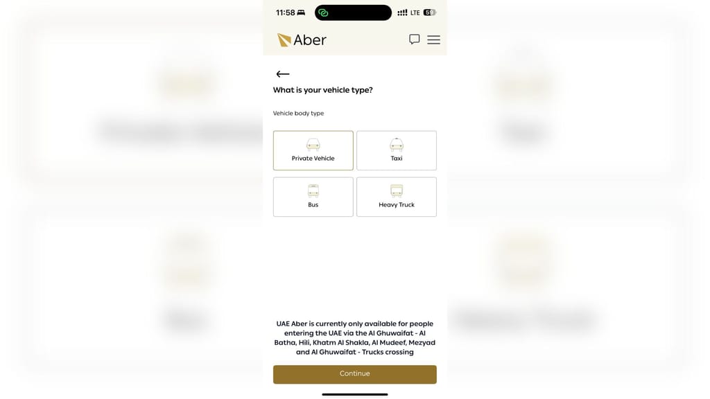 Ekran uae aber, insurance system – step 2, z wyborem typu pojazdu: prywatny, taxi, autobus lub ciężarówka.