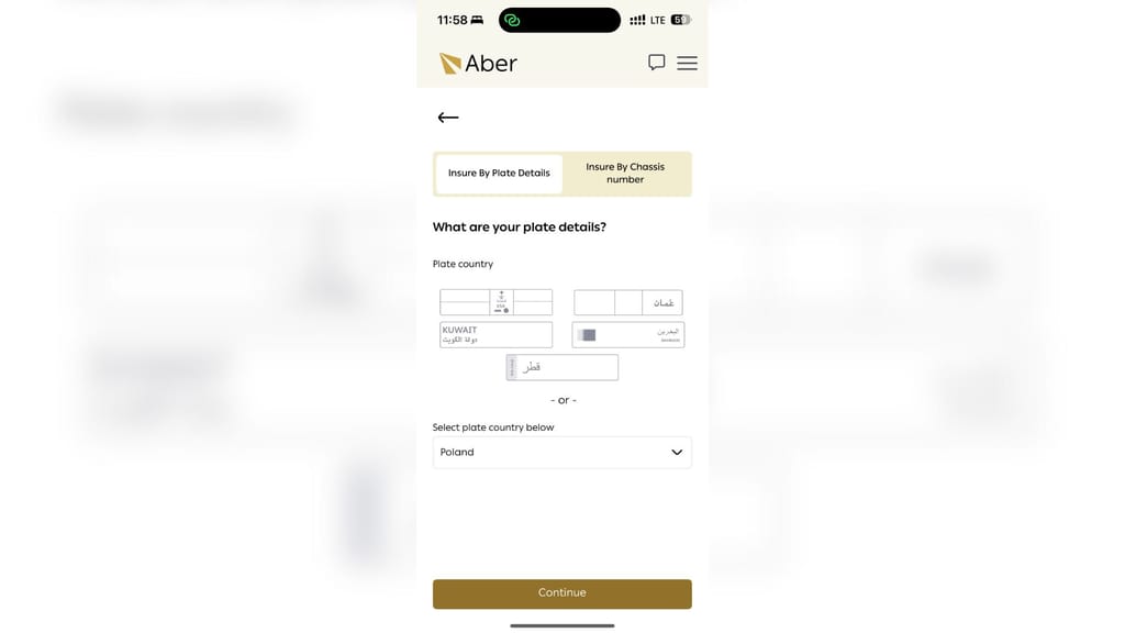 Uae aber, insurance system – step 3: ekran wyboru kraju tablicy rejestracyjnej w formularzu ubezpieczenia samochodu