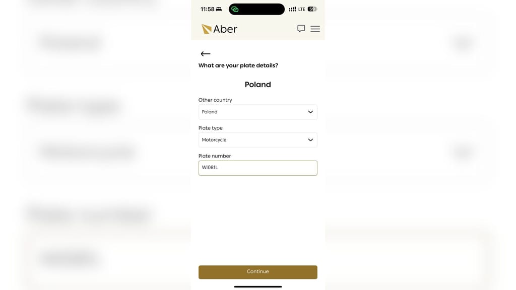 Uae aber, insurance system – step 4: formularz z danymi tablicy, kraj polska, typ motocykl, numer wi081l