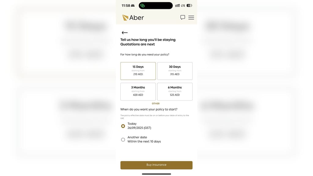 Ekran uae aber insurance system – step 5 z wyborem czasu polisy i daty rozpoczęcia ubezpieczenia.
