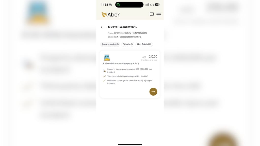 Uae aber, insurance system – step 6: ekran aplikacji z ofertą ubezpieczenia za 210 aed na 15 dni do polski