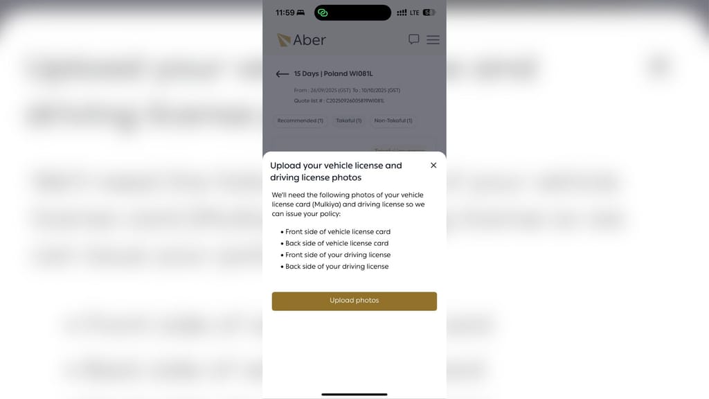 Ekran aplikacji uae aber insurance system – step 7 z oknem do przesłania zdjęć prawa jazdy i dowodu pojazdu