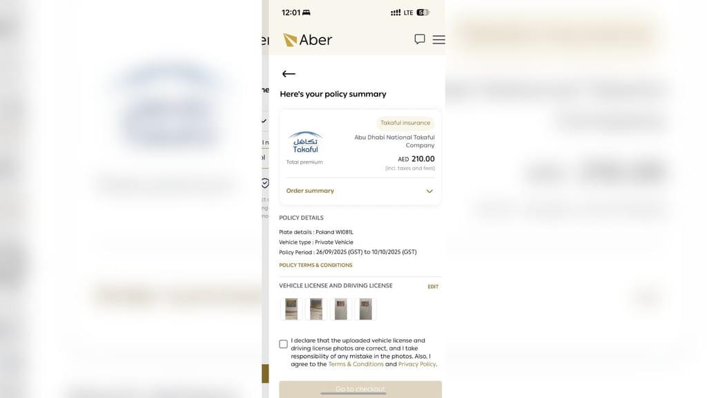 Uae aber – ekran systemu ubezpieczeniowego, krok 9, z podsumowaniem polisy i przyciskiem go to checkout