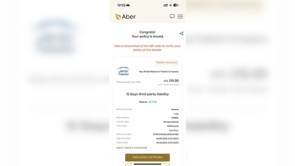 Zrzut ekranu uae aber, insurance system – step 11 z wystawioną polisą takaful i statusem active