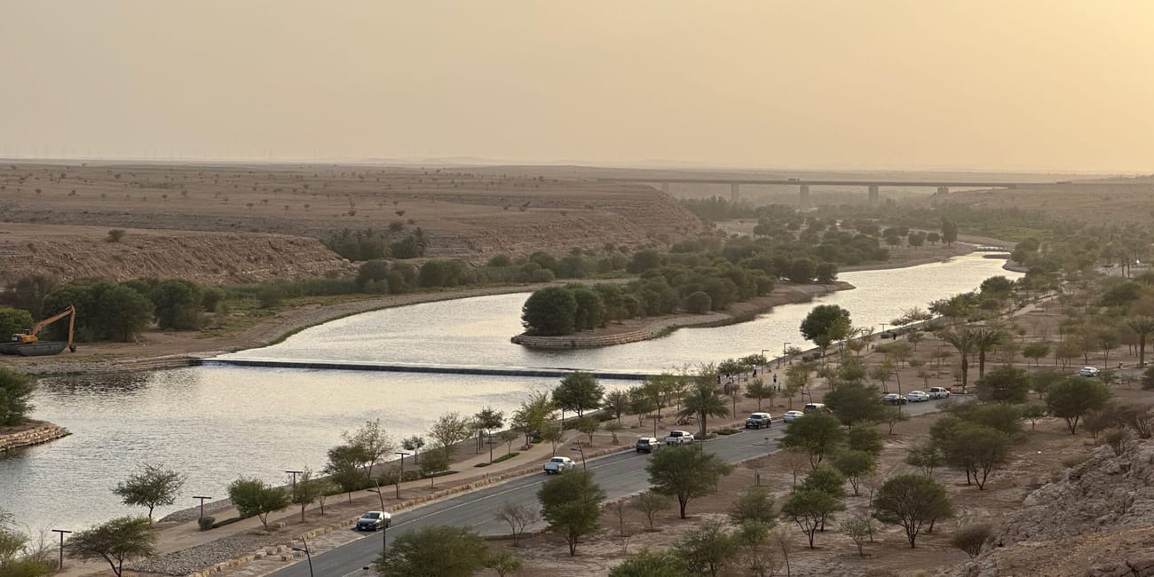 Riyadh al-hayer park lake w arabii saudyjskiej, z wijącym się jeziorem i drogą wśród drzew