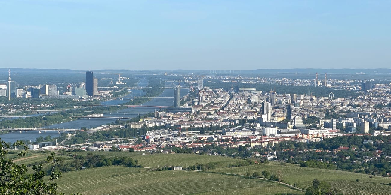 Panorama wiednia z kahlenbergu, z widokiem na dunaj i zielone wzgórza.