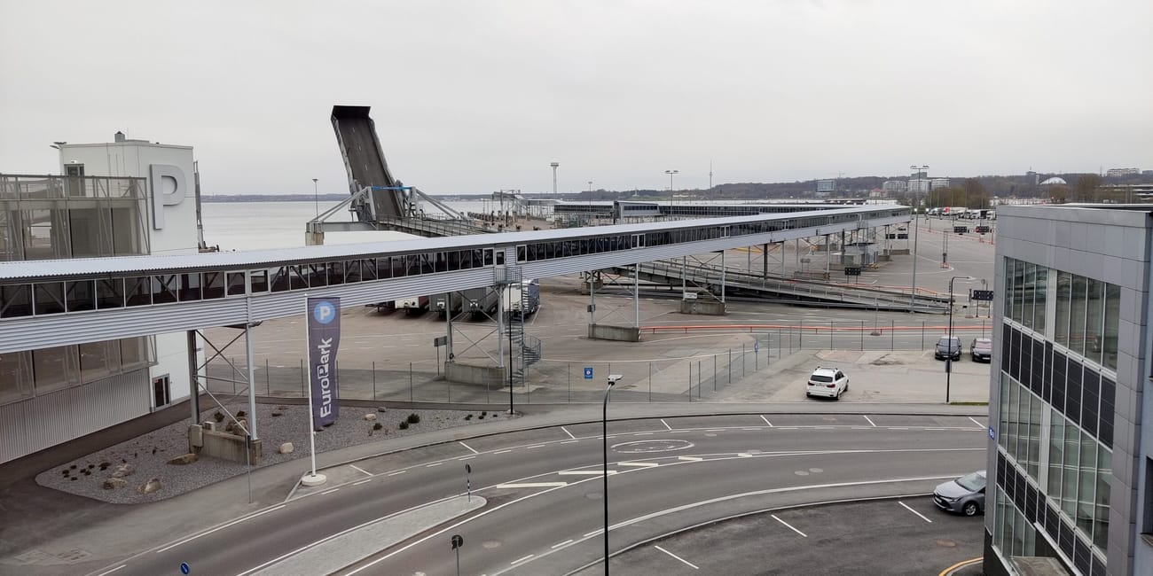 Tallinn cruise port terminal with passenger gangways and baltic sea view