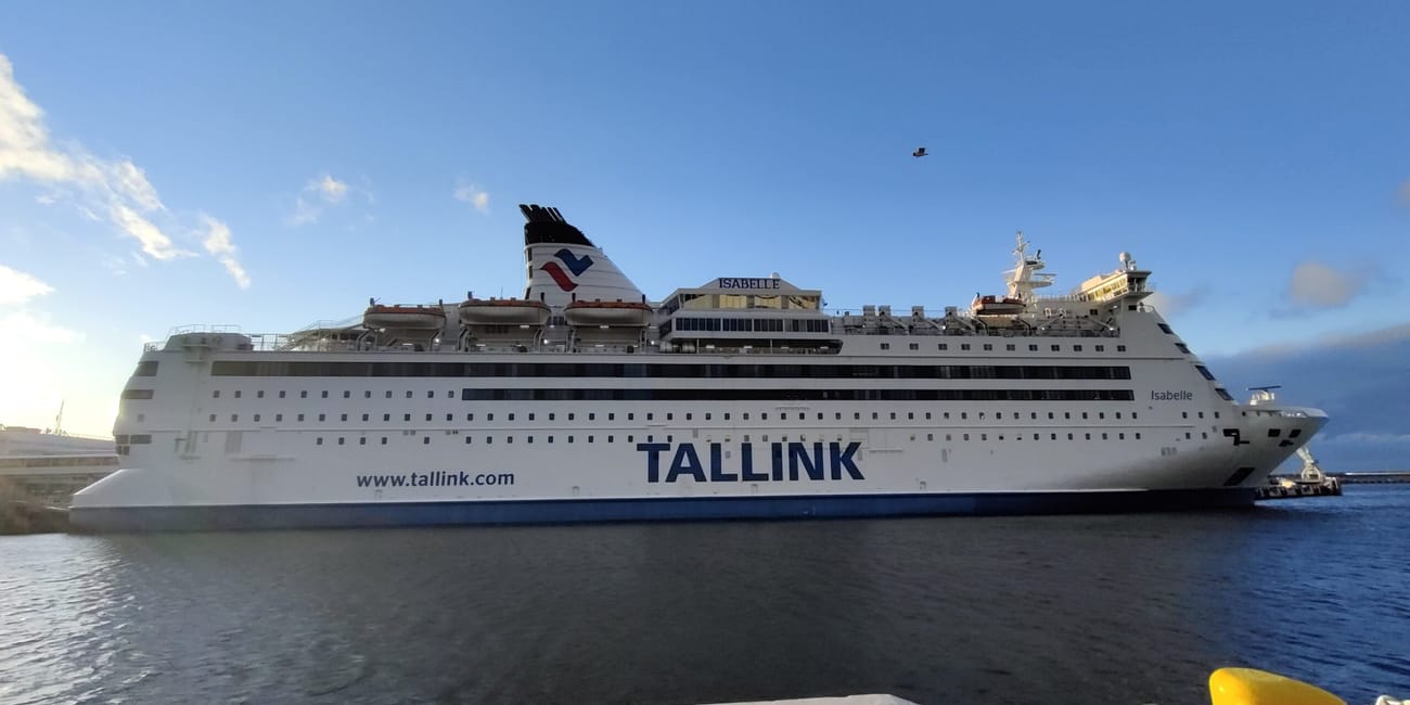 Tallink cruise ship at tallinn harbor, estonia, with the word tallink visible on the hull