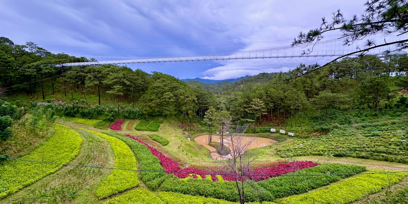 Da lat love valley z wiszącym mostem nad zielonymi wzgórzami i rabatami kwiatów