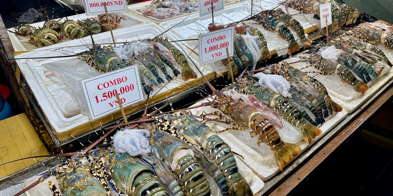 Stragan z langustami w da nang son tra night market, vietnam, z tabliczkami cenowymi.