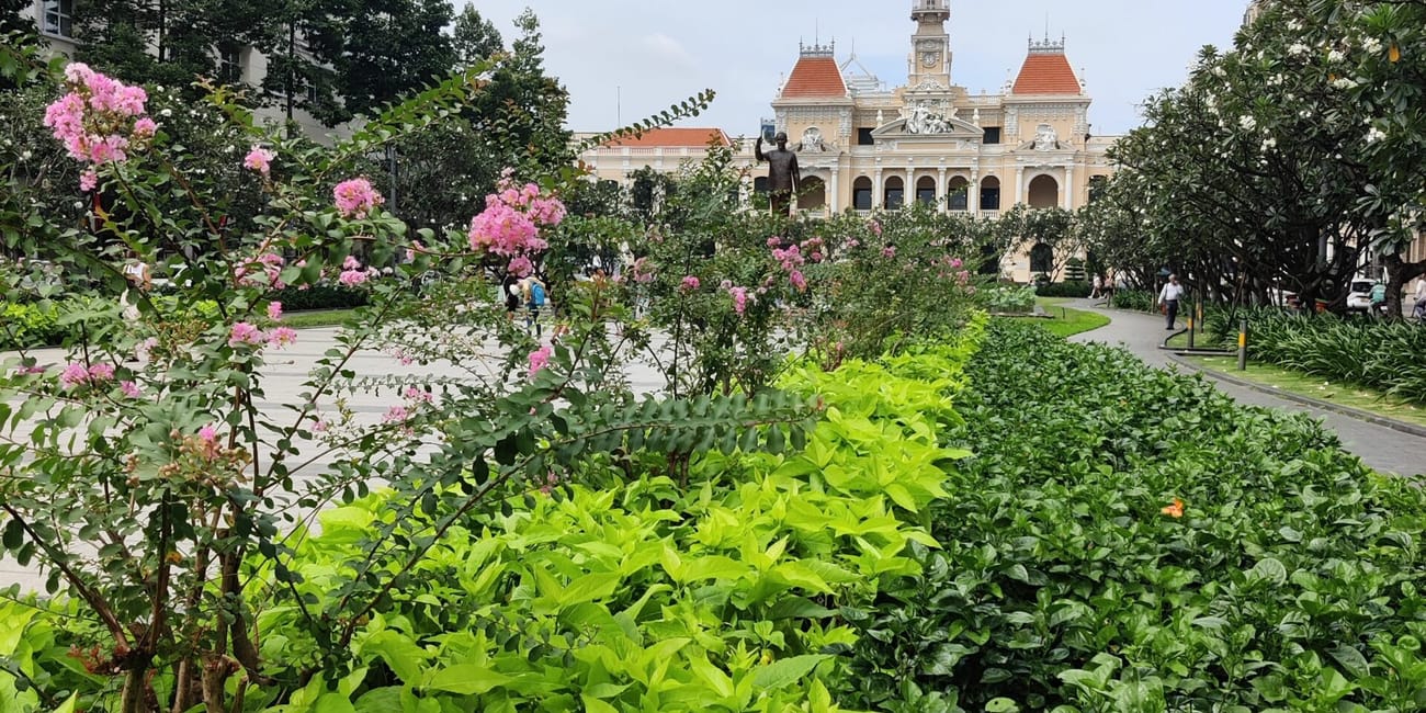 Ratusz w ho chi minh staue wśród zielonych ogrodów i kwitnących krzewów, z wietnamską flagą na wieży