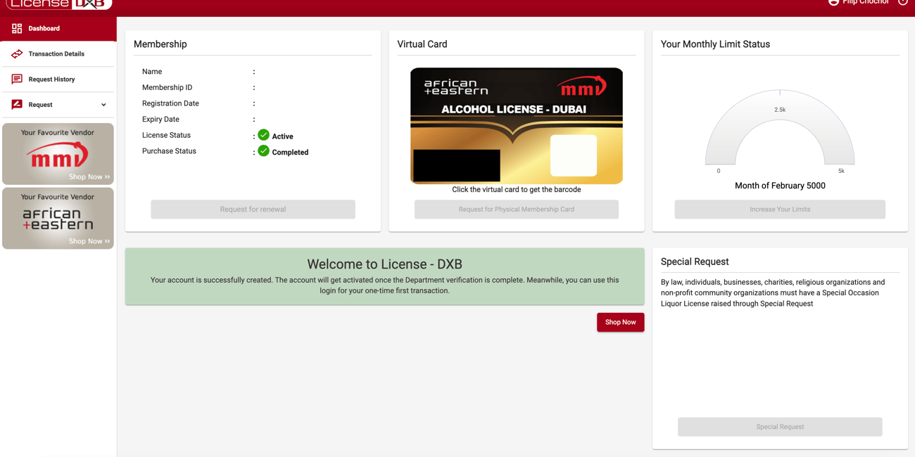 Panel główny licensedxb z kartą wirtualną licencji alkoholowej dubai i statusem konta