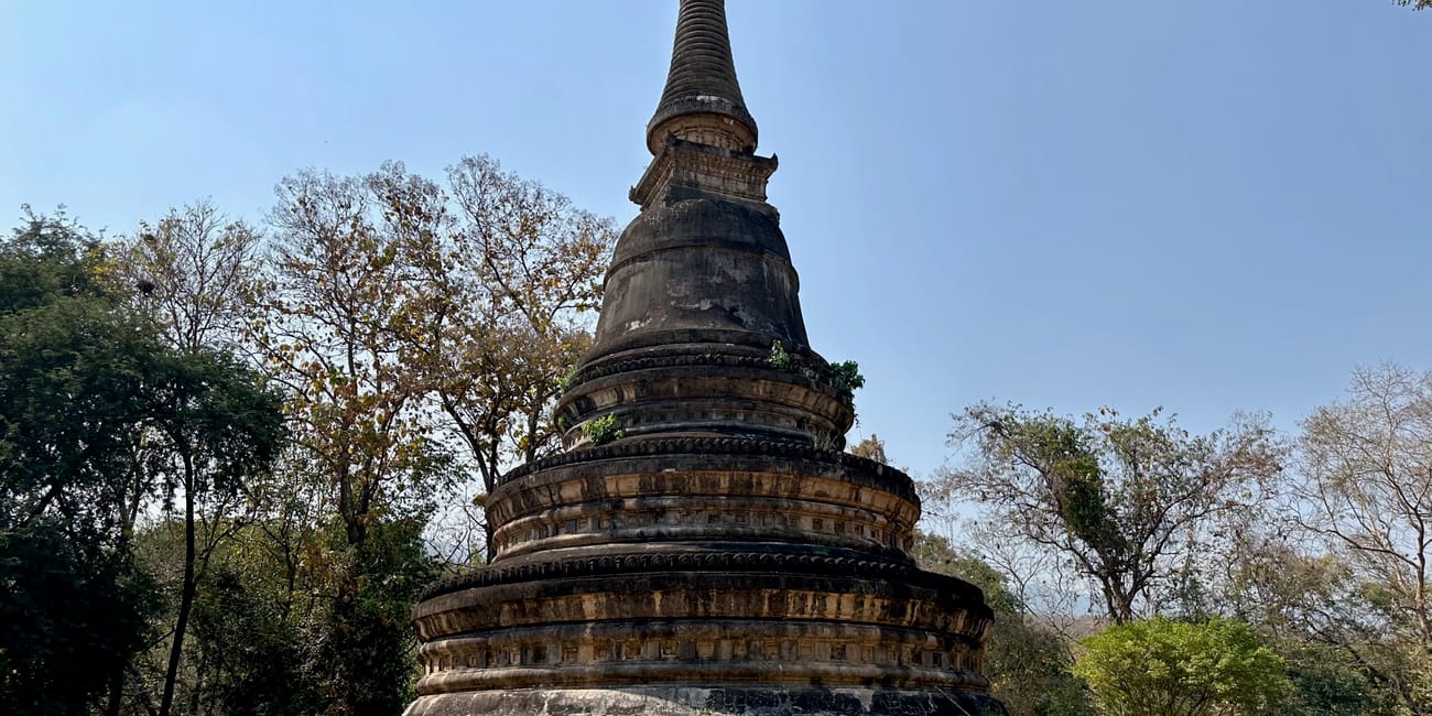 Wat umong w chiang mai z wysoką, zabytkową stupą otoczoną drzewami
