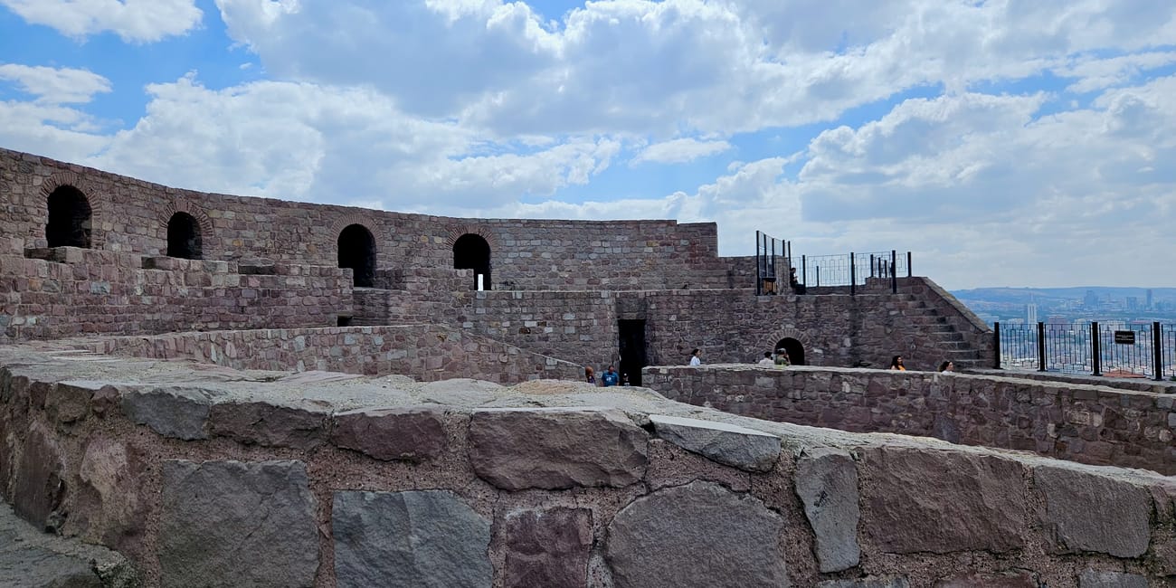 Turkey, ankara castle: stone fortress walls and arches under a cloudy blue sky, with visitors on the ramparts
