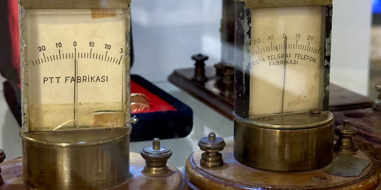 Vintage telegraph and voltmeter instruments on display at ankara ptt stamp museum, turkey