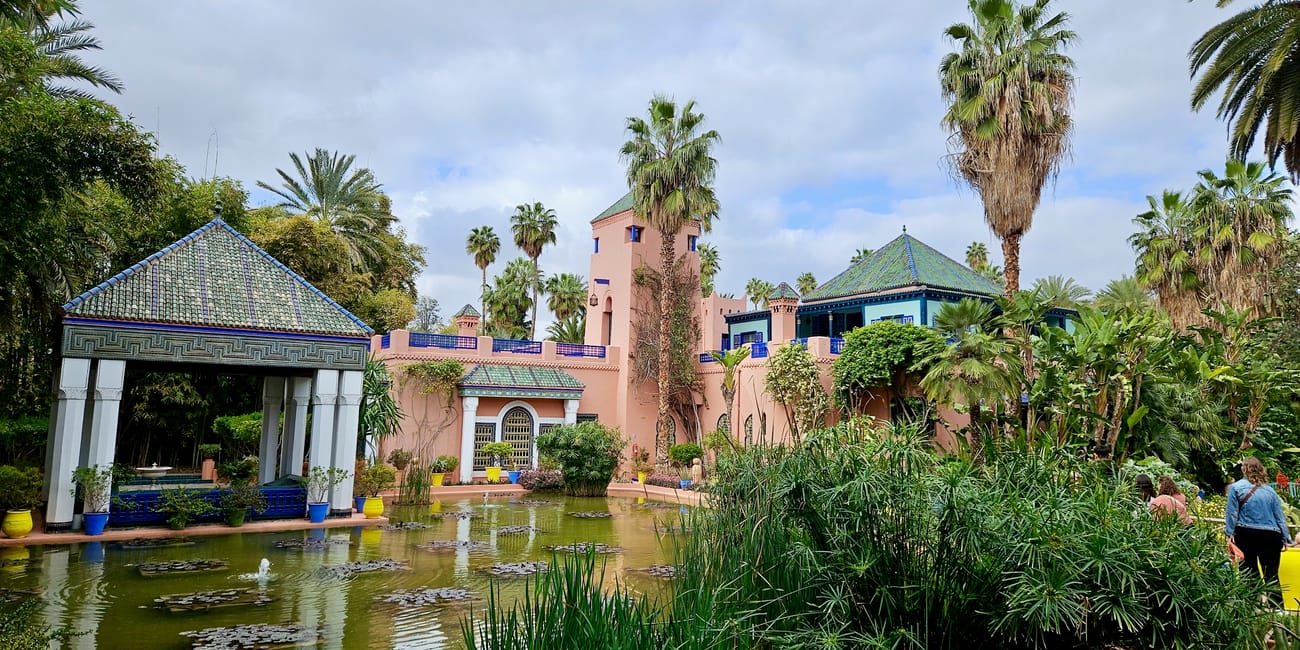 Jardin majorelle in marrakesz, morocco, with a garden pond, palm trees, and colorful moroccan buildings