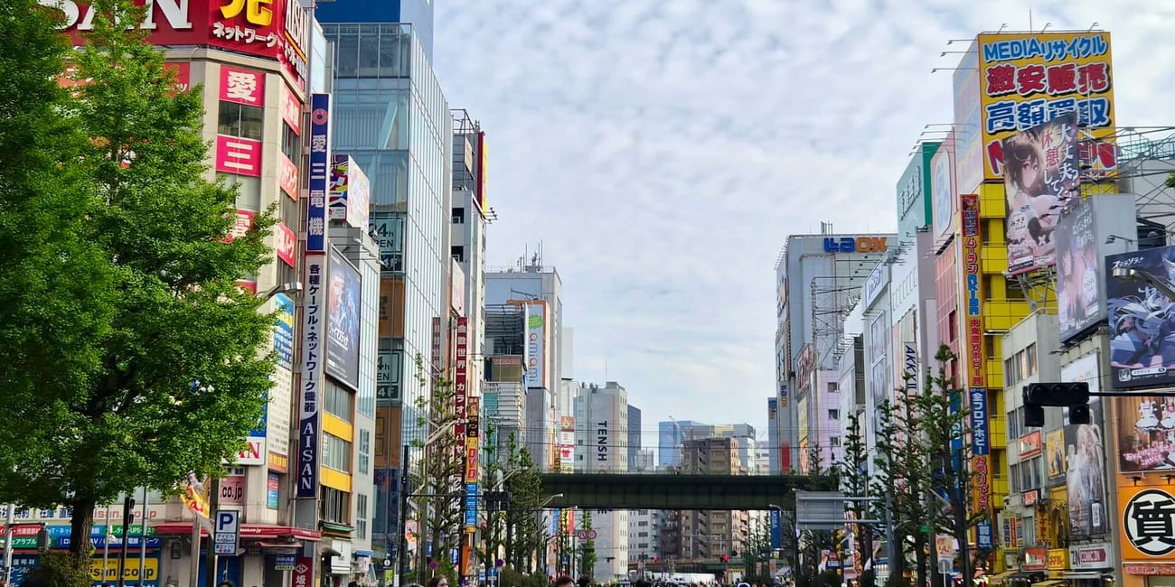 Akihabara w tokio z tłumem pieszych na szerokiej ulicy otoczonej wieżami z neonowymi reklamami
