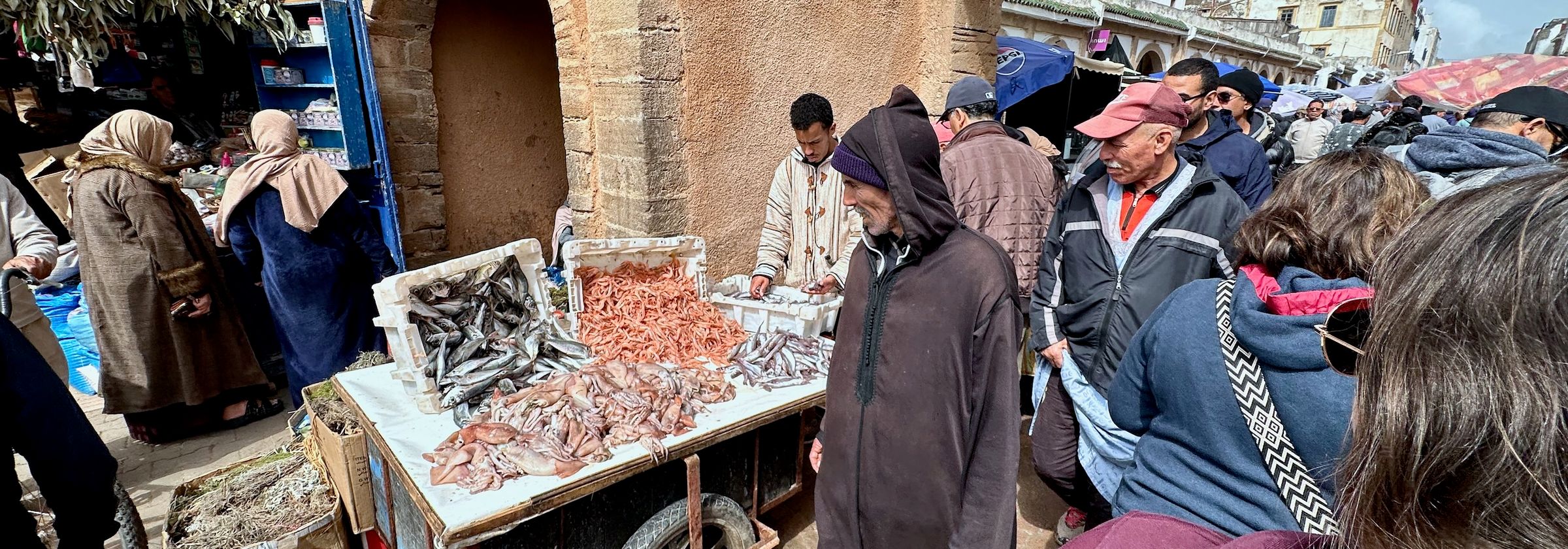 Morocco essouira souk: stoisko rybne na ulicy z kolejką kupujących przed zabytkowym łukowym wejściem