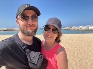 Couple taking a selfie at alexandria sunrise alex avenue hotel beach in egypt