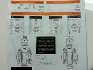 Checklist wypożyczenia samochodu sixt w arabii saudyjskiej z wpisanymi danymi i schematem stanu pojazdu