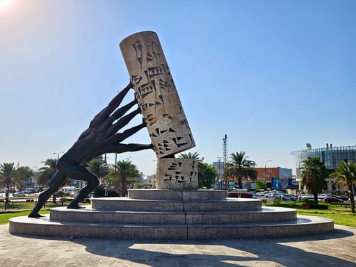 Monumentalna rzeźba kobiety dźwigającej popękaną płytę z mozaiką, na tle palm i ruchliwej ulicy w słońcu