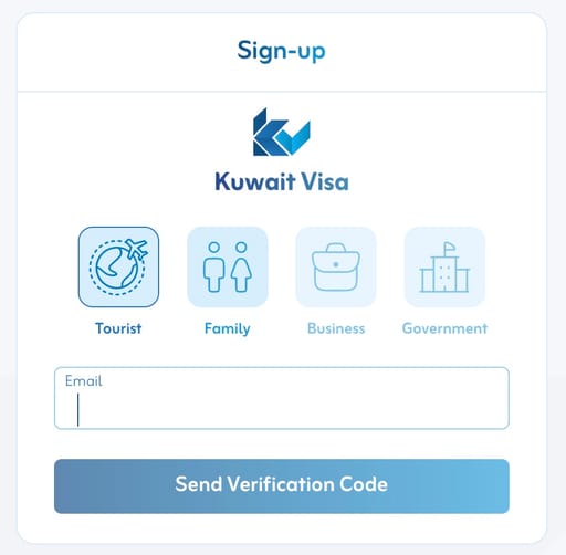 Ekran rejestracji portalu kuwait visa z wyborem typu wizy i polem e-mail