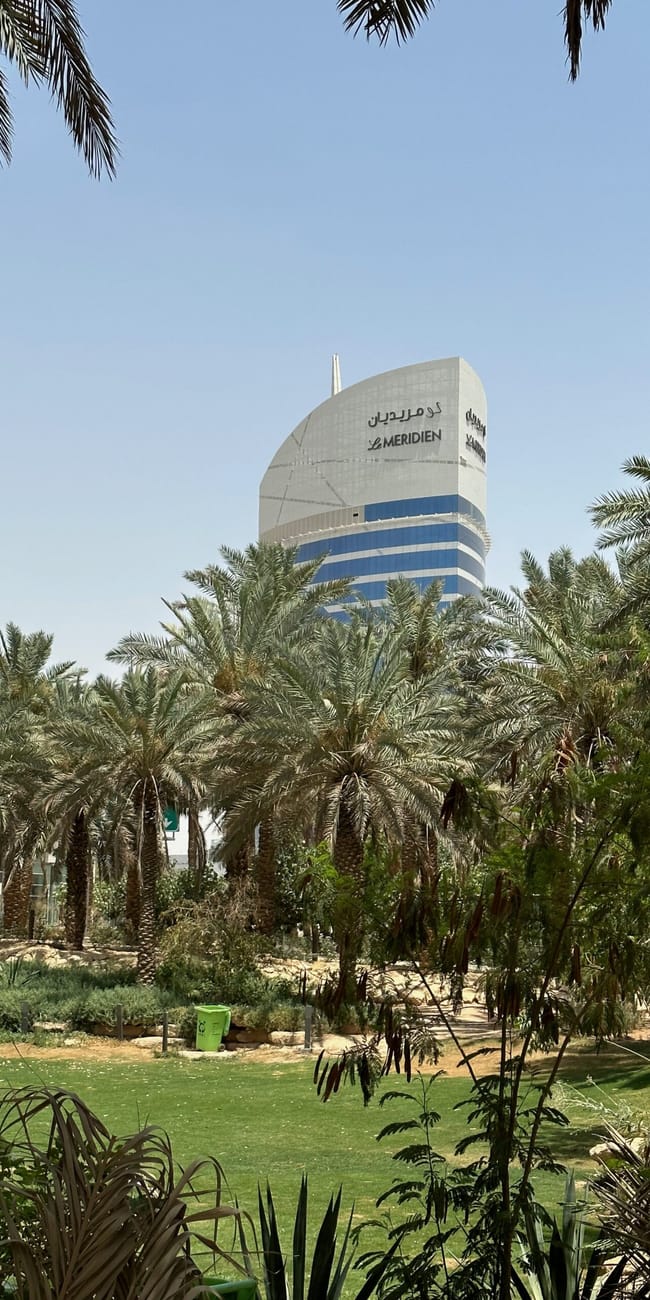 Palmy i hotel le méridien w arabii saudyjskiej pod bezchmurnym niebem