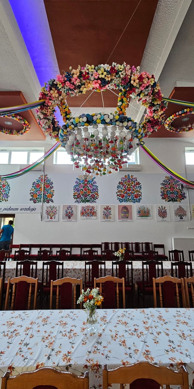 Wnętrze zalipie women painters’ house z barwnymi kwiatowymi dekoracjami i długimi stołami.
