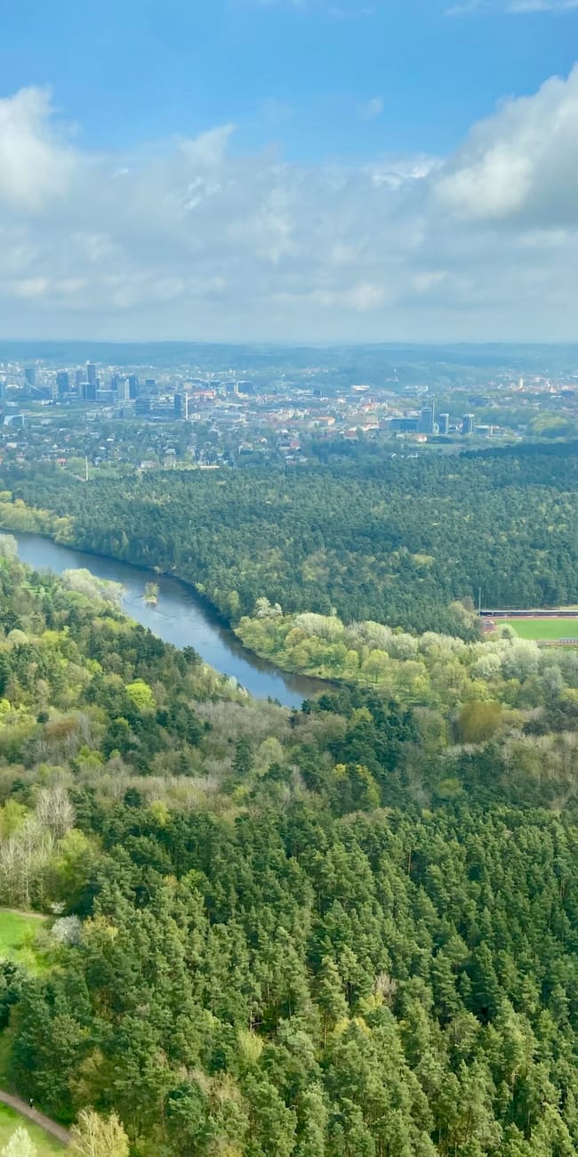 Panorama wilna z lasami, wijącą się rzeką i miejską panoramą w oddali