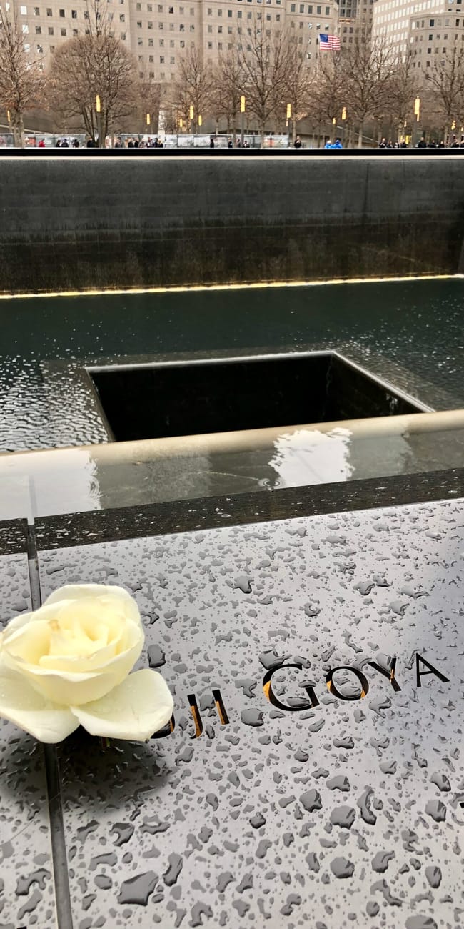 Biała róża na krawędzi 9/11 memorial pools w nowym jorku