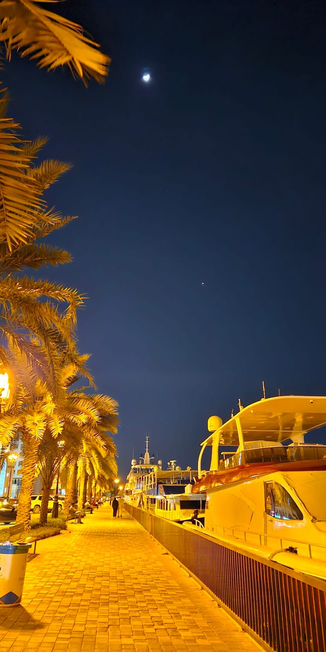 Nocny spacer po sharjah corniche w uae z palmami, promenadą i zacumowanymi jachtami.