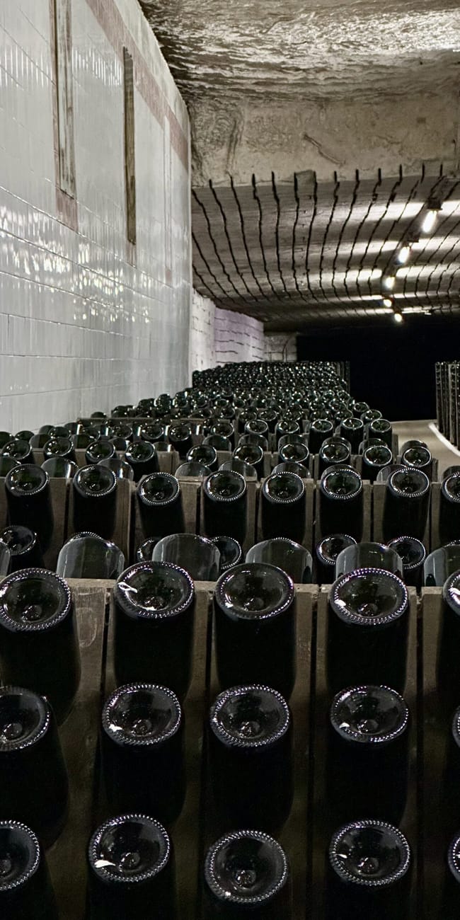 Chisinau places in city, moldova—rows of dark bottles with silver caps in an underground tunnel.