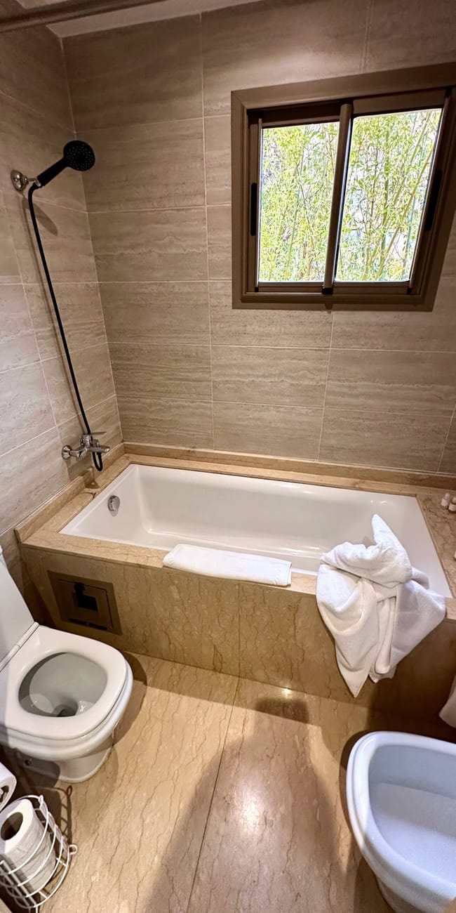 Morocco, marrakech hotel bathroom with bathtub, showerhead, and two towels near a window.