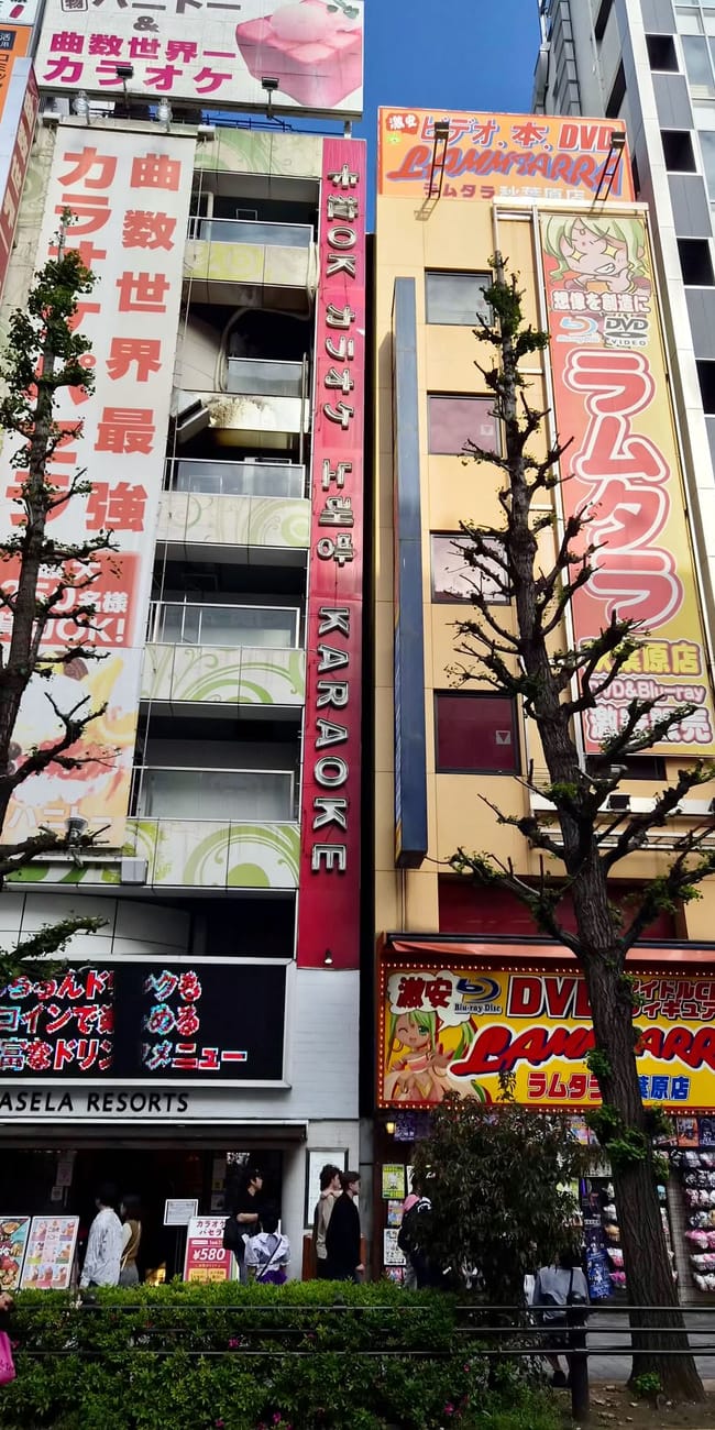 Akihabara w tokio z kolorowymi szyldami sklepów i karaoke