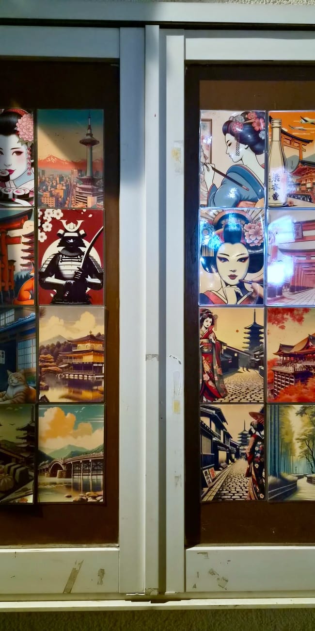 Drzwi ozdobione ilustracjami gejsz i widokami z dzielnicy gion w kioto