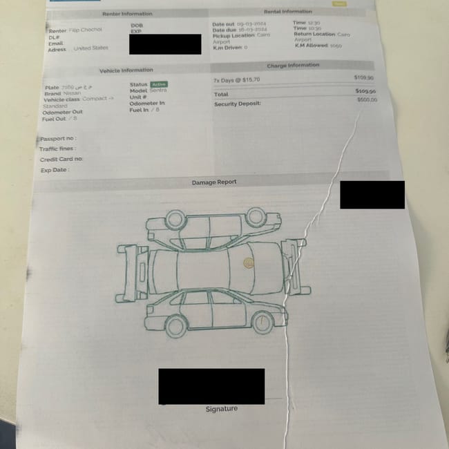 Egypt car rental agreement form with vehicle damage report and payment details.