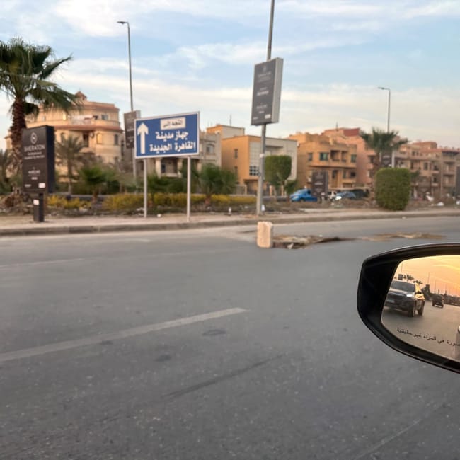 Road with a damaged patch near roadside buildings and palm trees in egypt.