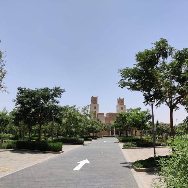 Park king fahad road w rijadzie z alejką, drzewami i niską zabudową w tle