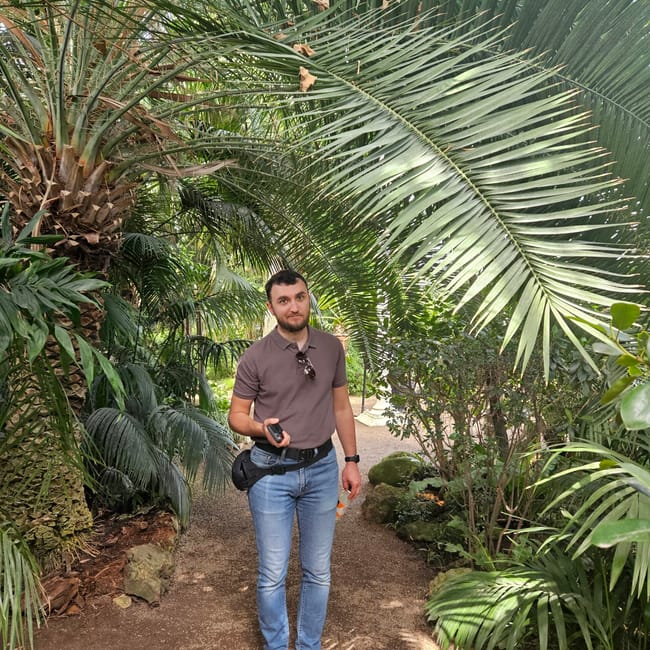 Mężczyzna stoi wśród palm w palm house w wiedniu.