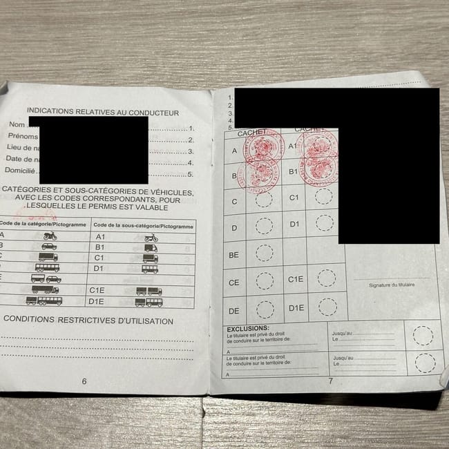 International driving permit, 1968 convention document pages showing vehicle category codes and stamps