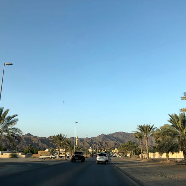 Ulica w ras al khaimah z palmami i górami w tle, widziana z samochodu.