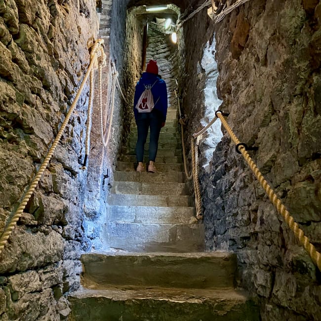 Person walking up a narrow stairway in tallinn, estonia, with rope handrails and stone walls