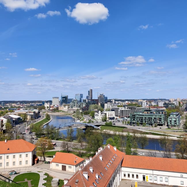 Widok z wieży giedymina na wilno, rzekę i panoramę miasta pod błękitnym niebem.