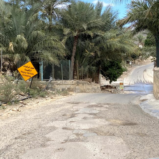 Droga w madha w omanie wśród palm, z żółtym znakiem „heavy vehicle crossing”