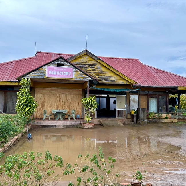Budynek przy lotnisku da lat cam ly z tablicą „tổ bảo vệ sb cam ly” i kałużą na dziedzińcu